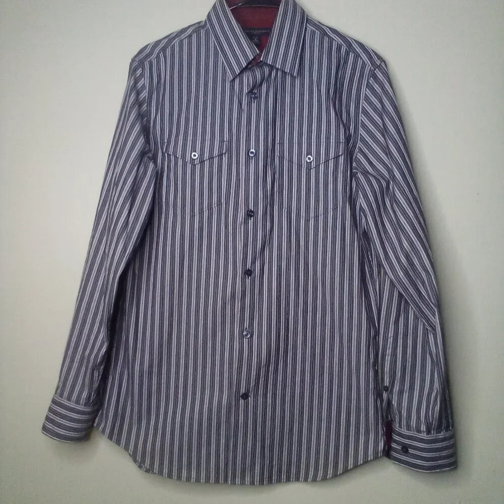 Banana Republic Shirt Men S 14 14 1/2 Slim Fit Button Up Pockets Stripe Gray Red